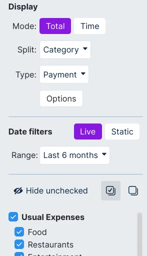 Custom report left side with display and date filters